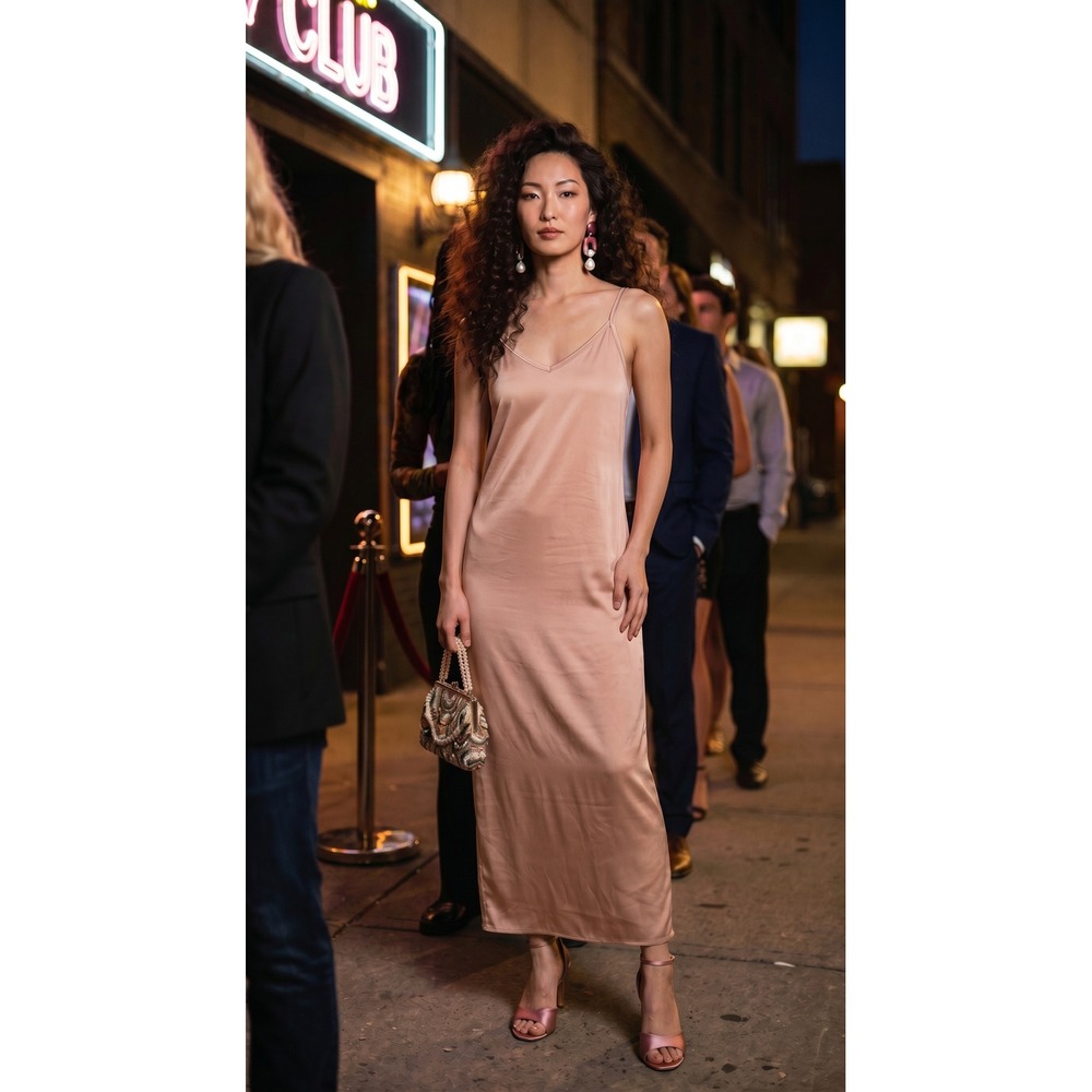 VTG Vanity Fair Champagne Nylon Spandex V-Neck Midi Slip Dress  S